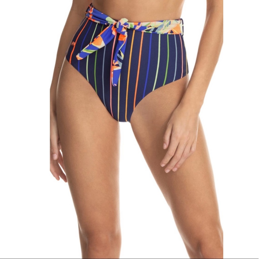Maaji Blue Barnum Ticket Striped High Waist Bikini Bottoms Size Small